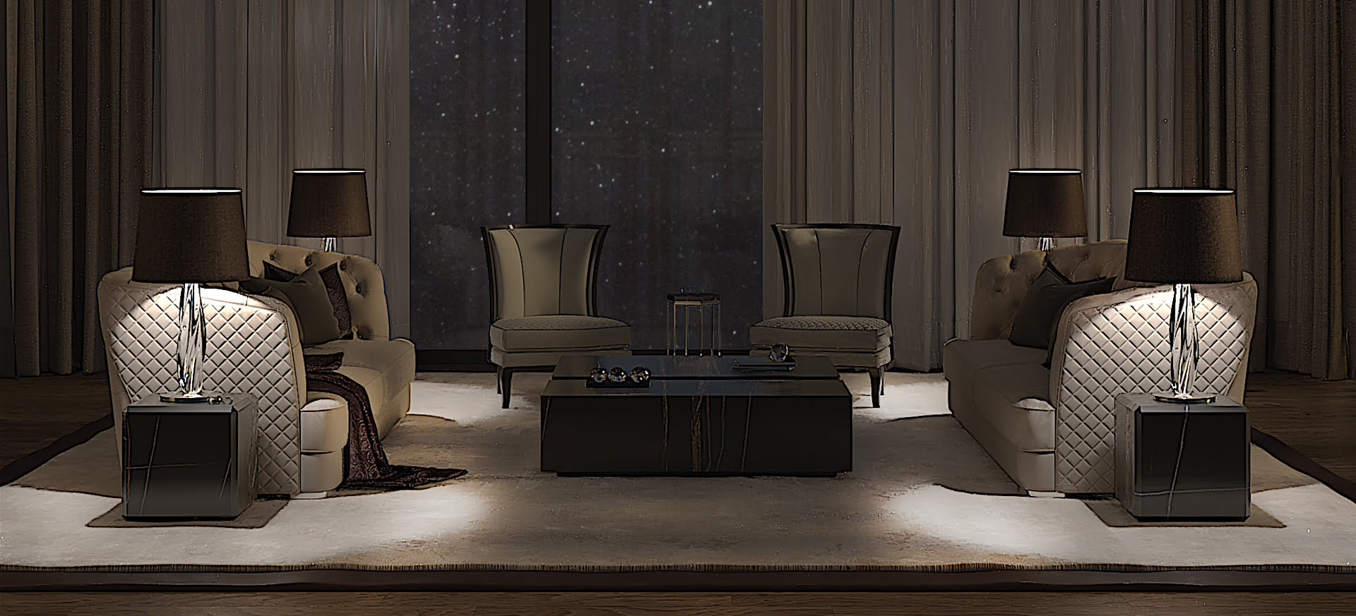 Elegancki salon z pikowanymi sofami, nowoczesnymi lampami i ciemnymi zasłonami, tworzący luksusowe i stylowe wnętrze